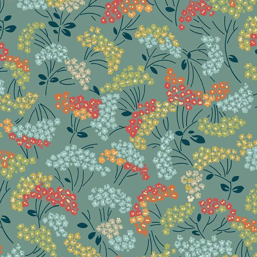 A repeating floral pattern featuring clusters of small flowers in coral red, pale yellow, cream, and light blue with dark teal stems and leaves on a muted sage green background.