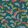 A repeating floral pattern on a dark teal background, featuring clusters of small flowers in red, yellow, light blue, and cream with muted green stems and leaves.