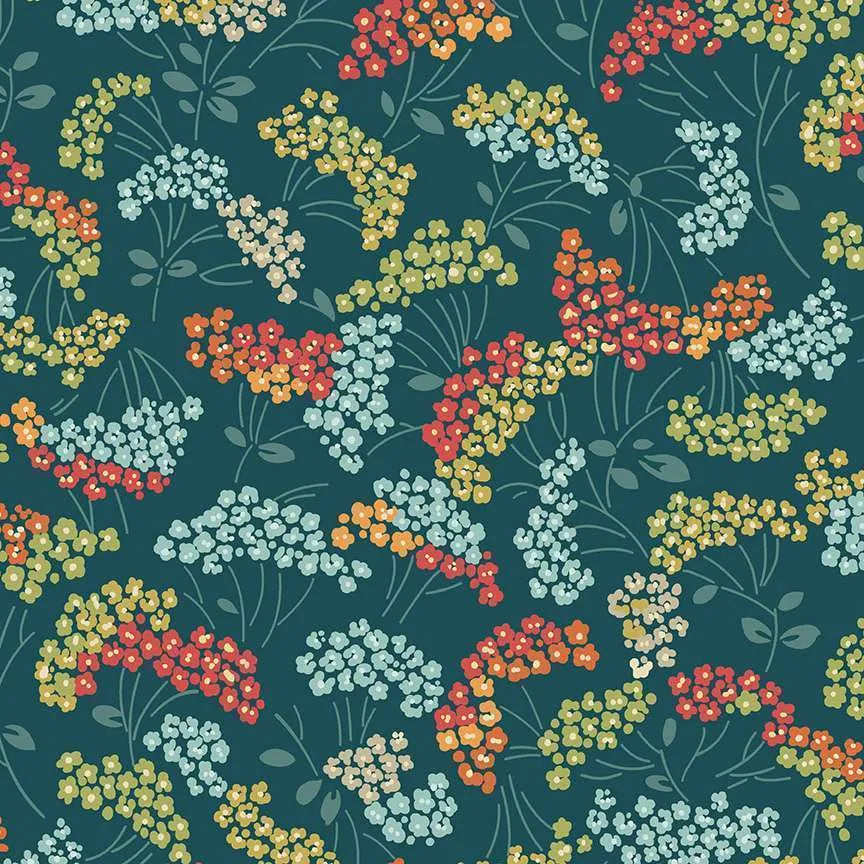 A repeating floral pattern on a dark teal background, featuring clusters of small flowers in red, yellow, light blue, and cream with muted green stems and leaves.