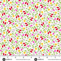 A repeating floral pattern on a white background with red, pink, yellow, and green botanical motifs, plus a ruler and andover fabric branding along the bottom edge.