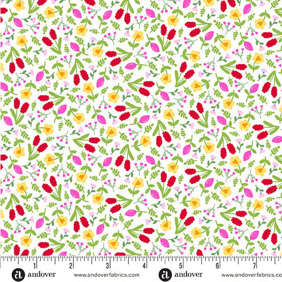 A repeating floral pattern on a white background with red, pink, yellow, and green botanical motifs, plus a ruler and andover fabric branding along the bottom edge.