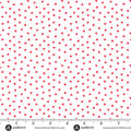 Fabric with red hearts on a white background, featuring Andover Fabrics branding.