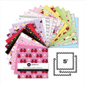 A set of 42 square quilting fabric squares from andover, featuring a ladybug and floral pattern collection. The fabrics are fanned out to show various colors and patterns including gingham, stripes, polka dots, and floral prints in pink, purple, yellow, green, and blue.