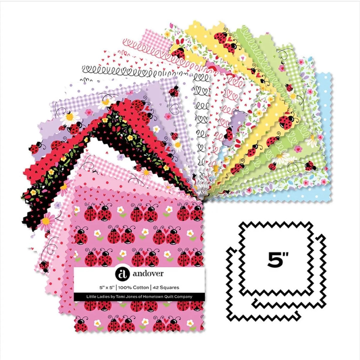 A set of 42 square quilting fabric squares from andover, featuring a ladybug and floral pattern collection. The fabrics are fanned out to show various colors and patterns including gingham, stripes, polka dots, and floral prints in pink, purple, yellow, green, and blue.