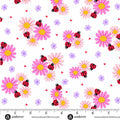 A repeating fabric pattern featuring pink daisies with yellow centers, purple flowers, red ladybugs, and small red hearts on a white background, with a ruler and andover branding along the bottom edge.