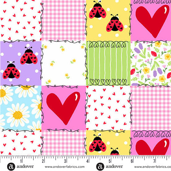 A patchwork fabric design featuring a grid of colorful squares with heart, ladybug, gingham, floral, and daisy patterns. The designs are in pink, yellow, purple, green, and blue on white backgrounds.