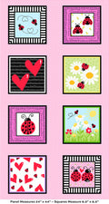 A 3x3 grid of six decorative square panels with ladybugs, hearts, flowers, stripes, and pink gingham background. Text at the bottom reads: 'Panel Measures 24" x 44" - Squares Measure 8.