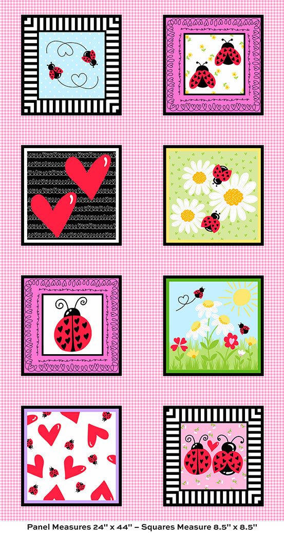 A 3x3 grid of six decorative square panels with ladybugs, hearts, flowers, stripes, and pink gingham background. Text at the bottom reads: 'Panel Measures 24" x 44" - Squares Measure 8.