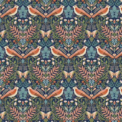 Luxe Damask Birds Navy 2613-B by Makower