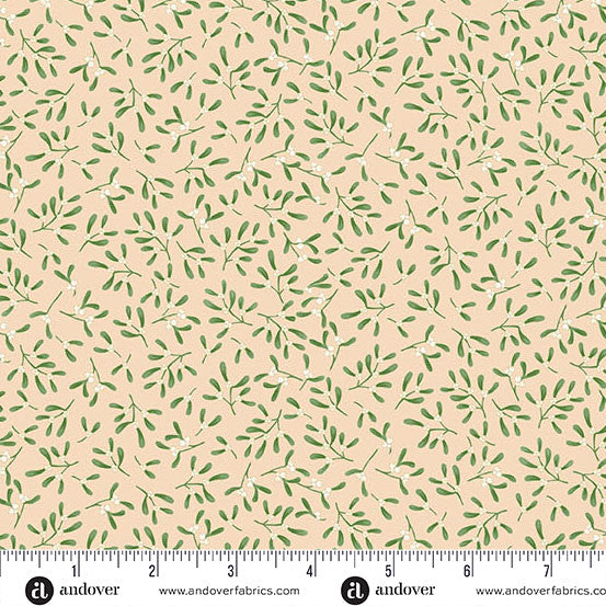 Fabric with green leaf pattern on a beige background, featuring Andover Fabrics branding.