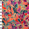 A close-up of a colorful marbled pattern with swirling abstract shapes in orange, purple, teal, pink, cream, and black. A vertical black ruler on the left edge shows measurements in centimeters from 5 to 45.