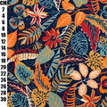 A repeating tropical floral and leaf pattern on a dark navy background, with orange, red, teal, and peach botanical elements. A vertical measurement scale in centimeters appears along the left edge.