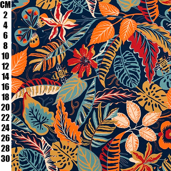 A repeating tropical floral and leaf pattern on a dark navy background, with orange, red, teal, and peach botanical elements. A vertical measurement scale in centimeters appears along the left edge.