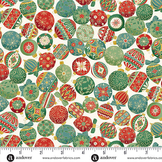 Pattern of colorful Christmas ornaments with a ruler for scale on a white background, featuring Andover Fabrics branding.