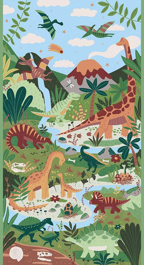 Colorful illustration of dinosaurs in a prehistoric landscape with mountains, plants, and skies.