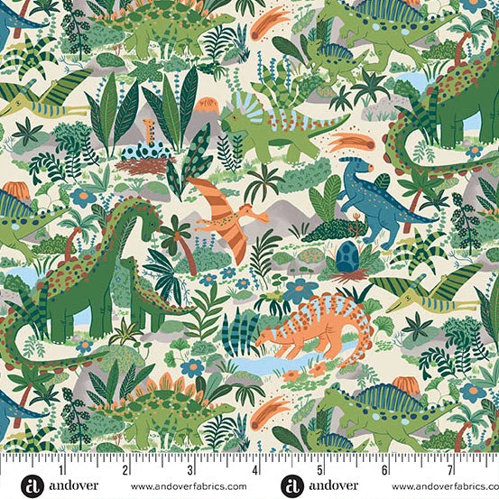 Fabric with colorful dinosaur pattern and ruler for scale