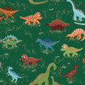 A repeating dinosaur pattern on a dark green background, featuring colorful cartoon-style dinosaurs including a long-necked brachiosaurus, a triceratops, a Stegosaurus, a Spinosaurus, and a theropod.