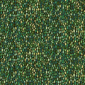 A close-up of a repeating abstract pattern made of many small vertical dotted lines in shades of green, teal, and muted yellow on a dark background.