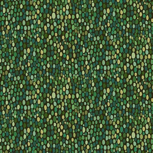 A close-up of a repeating abstract pattern made of many small vertical dotted lines in shades of green, teal, and muted yellow on a dark background.