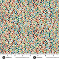 A close-up of a fabric pattern featuring a dense, hand-drawn style polka dot or leaf-like dot design in multiple colors including orange, green, blue, red, and beige on a white background, with a white ruler at the bottom showing scale and Andover Fabrics branding.