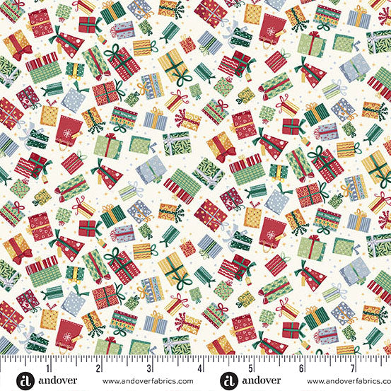 Pattern of colorful Christmas presents on a white background with a ruler for scale.