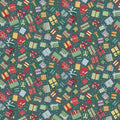 A repeating Christmas-themed pattern featuring colorful wrapped gift boxes and bows on a dark teal-green background.