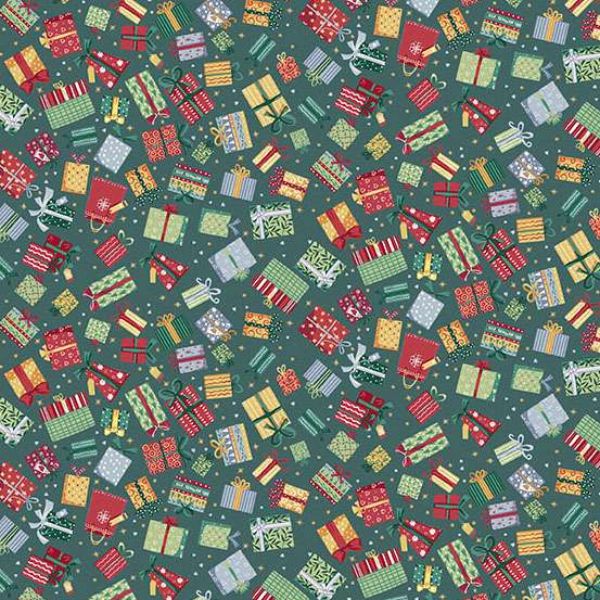 A repeating Christmas-themed pattern featuring colorful wrapped gift boxes and bows on a dark teal-green background.