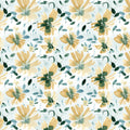 A repeating watercolor floral pattern featuring soft yellow flowers, dark green centers and leaves, and muted blue-green accents on a very light off-white background.
