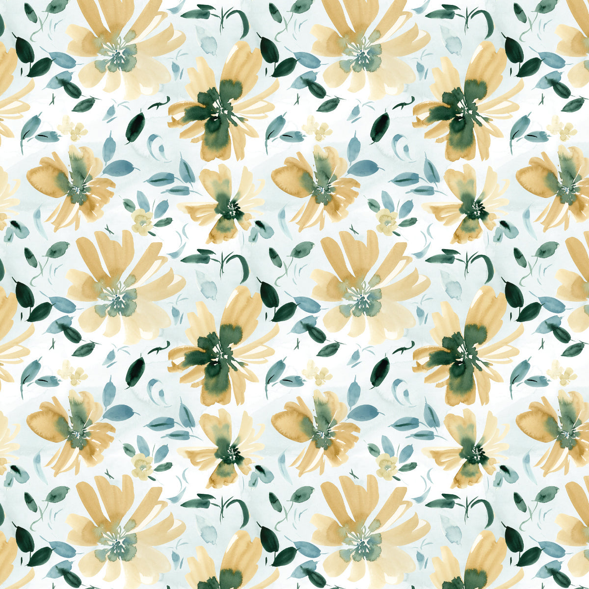 A repeating watercolor floral pattern featuring soft yellow flowers, dark green centers and leaves, and muted blue-green accents on a very light off-white background.