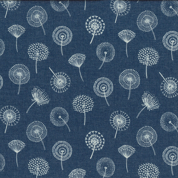 A close-up of a navy blue fabric with a repeating white dandelion print.