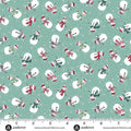Pattern of snowmen with scarves and hats on a teal background with a ruler at the bottom.