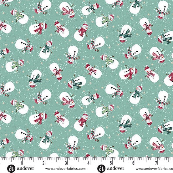 Pattern of snowmen with scarves and hats on a teal background with a ruler at the bottom.