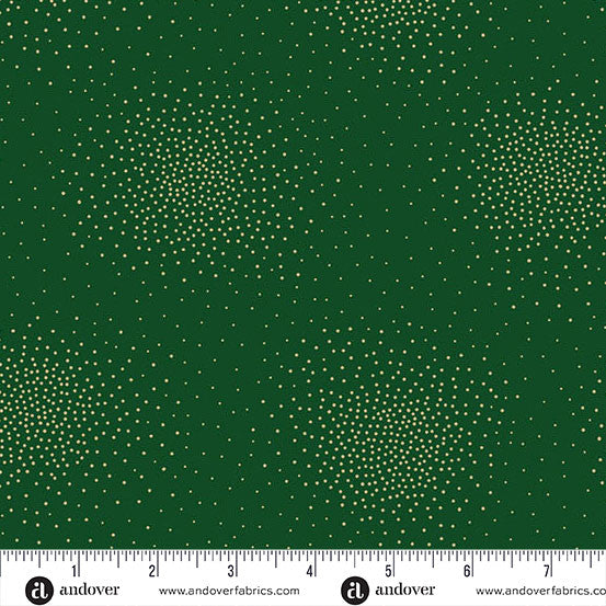 Dark green fabric with a scattered pattern of small light beige dots, shown with a ruler at the bottom for scale. The brand name 'andover' is visible on the ruler.