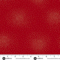 Red fabric with a repeating pattern of small gold dots, shown flat with a white measurement ruler along the bottom edge displaying the scale.