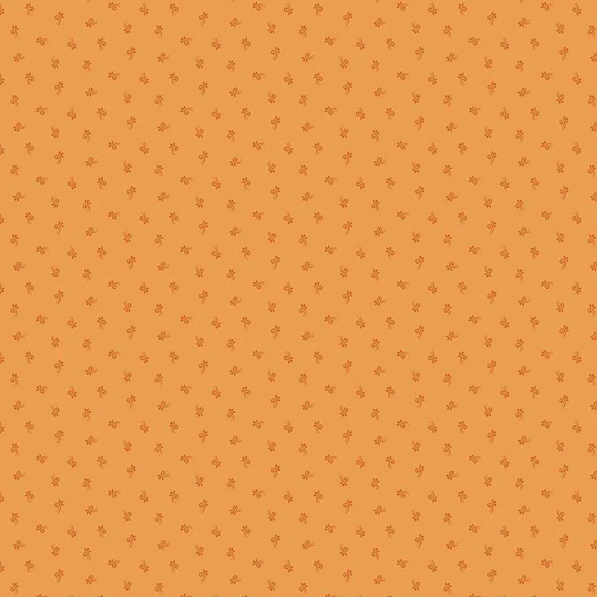 A repeating pattern of small brown doodle prints on a warm orange background.