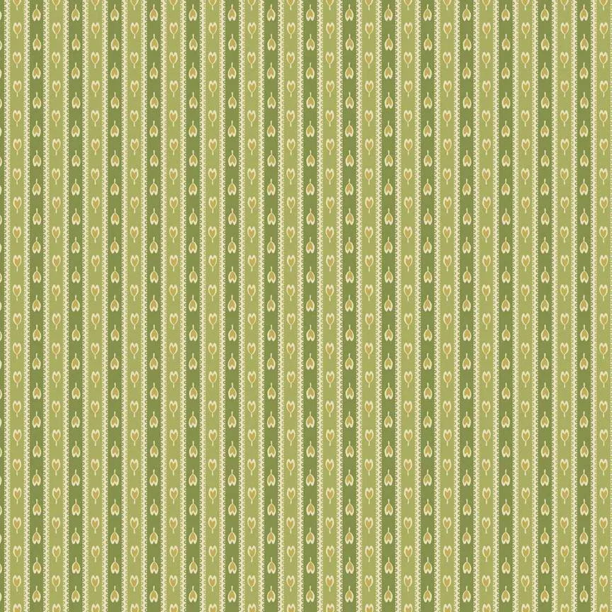 A repeating vertical stripe pattern in muted olive green and beige, with small stylized floral or heart-like motifs inside the stripes.