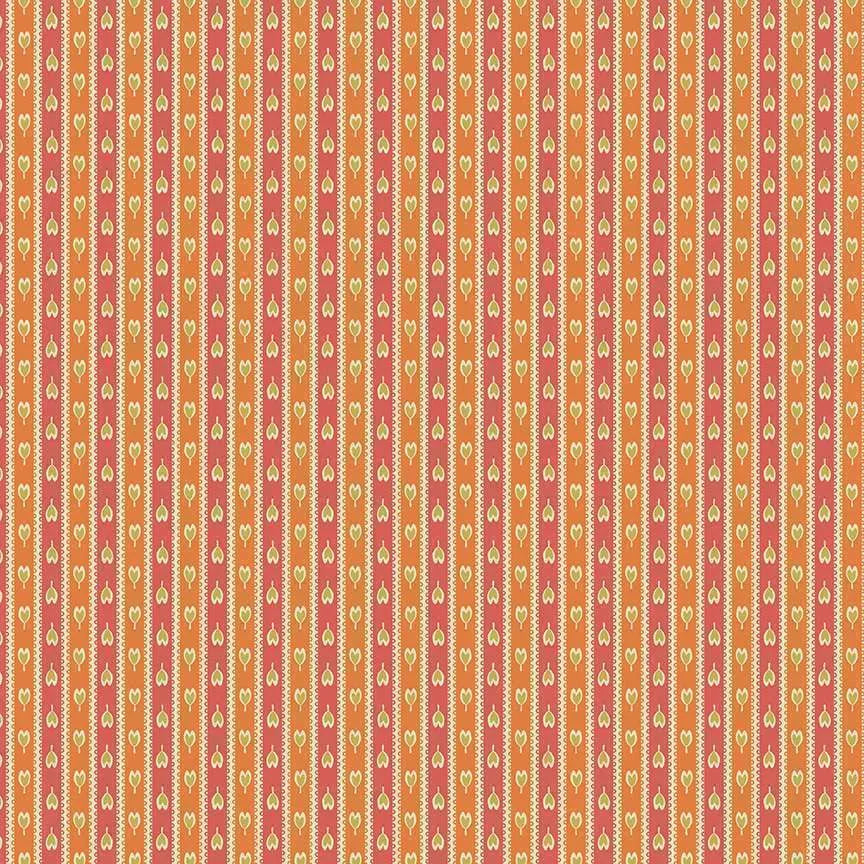 A repeating vertical stripe pattern featuring alternating bands of coral pink, warm orange, and cream, each decorated with small stylized heart motifs.