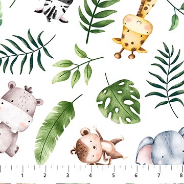 Wee Safari Animals and Leaves on White Background