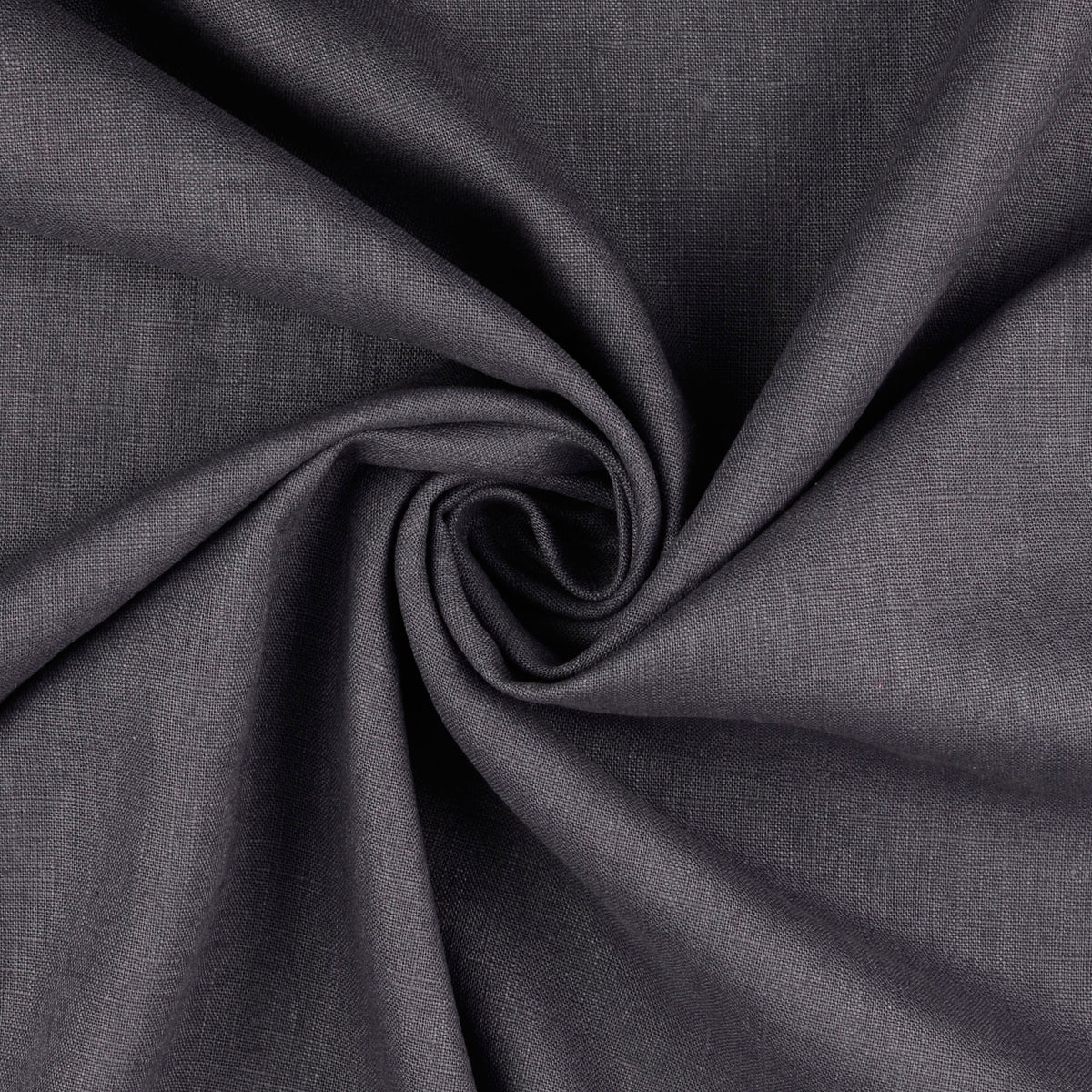 A close-up of dark charcoal gray linen fabric arranged in a spiral drape, showing the material texture and color.