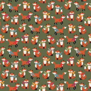 Autumn Days Fabric - Fox print on green background by Makower