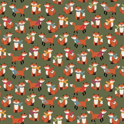 Autumn Days Fabric - Fox print on green background by Makower