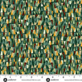 A close-up of a fabric pattern featuring a dense, geometric triangle mosaic in shades of forest green, olive, mustard yellow, rust red, and cream. A white ruler with black markings and the 'andover' brand logo is visible along the bottom edge.