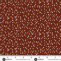 A close-up of a fabric pattern featuring a brown background covered in small, densely packed multicolored square tiles in shades of red, orange, yellow, green, pink, and white. A white ruler with black markings and the 'andover' brand logo is visible along the bottom edge.