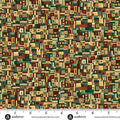 Patterned fabric with a ruler at the bottom for scale, featuring a mix of green, brown, and beige colors.