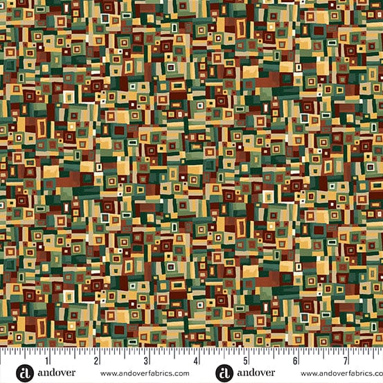 Patterned fabric with a ruler at the bottom for scale, featuring a mix of green, brown, and beige colors.