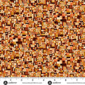 A close-up of a fabric pattern featuring a dense, mid-century modern geometric design of nested squares and rectangles in warm tones of orange, brown, beige, and white. A white ruler with black markings and the brand name 'andover' is visible along the bottom edge.
