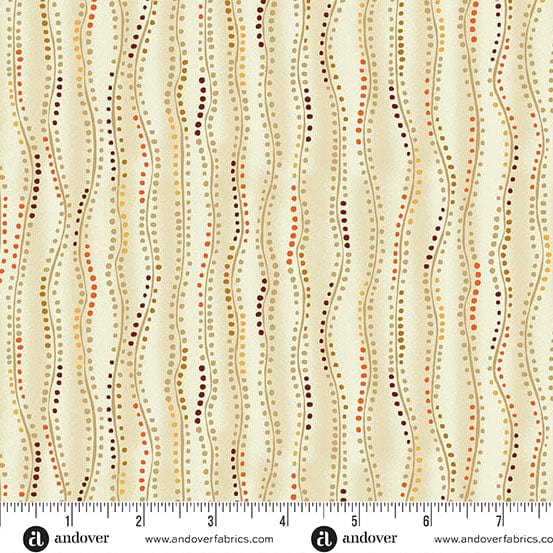 A close-up of a fabric pattern with vertical wavy lines in beige, brown, and rust orange, decorated with dotted accents. A white ruler with black markings and the brand name 'andover' is visible along the bottom edge.
