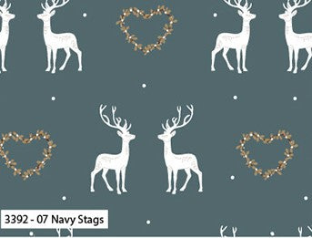A repeating pattern design featuring white reindeer and white hearts with gold wreath borders on a dark navy blue background, with a text label '3392 - 07 Navy Stags' in the bottom left corner.
