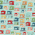 Makower - Sewing Room- sewing machines on blue