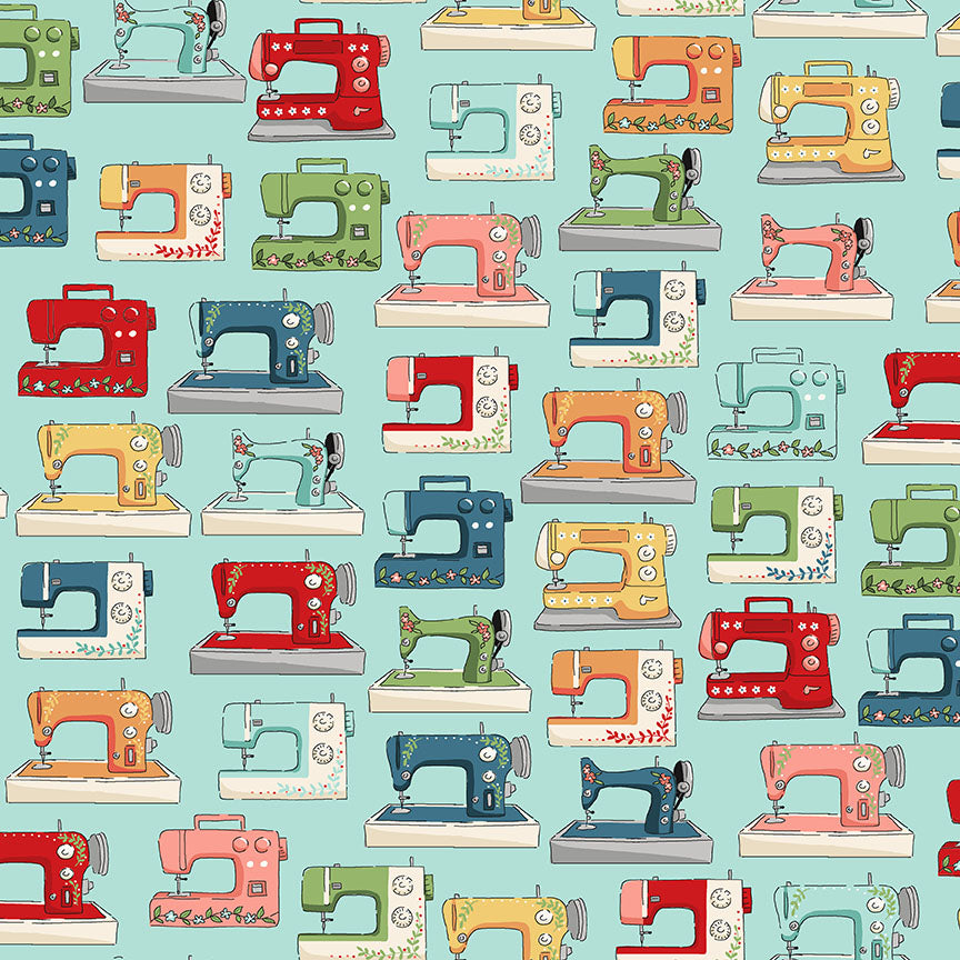 Makower - Sewing Room- sewing machines on blue
